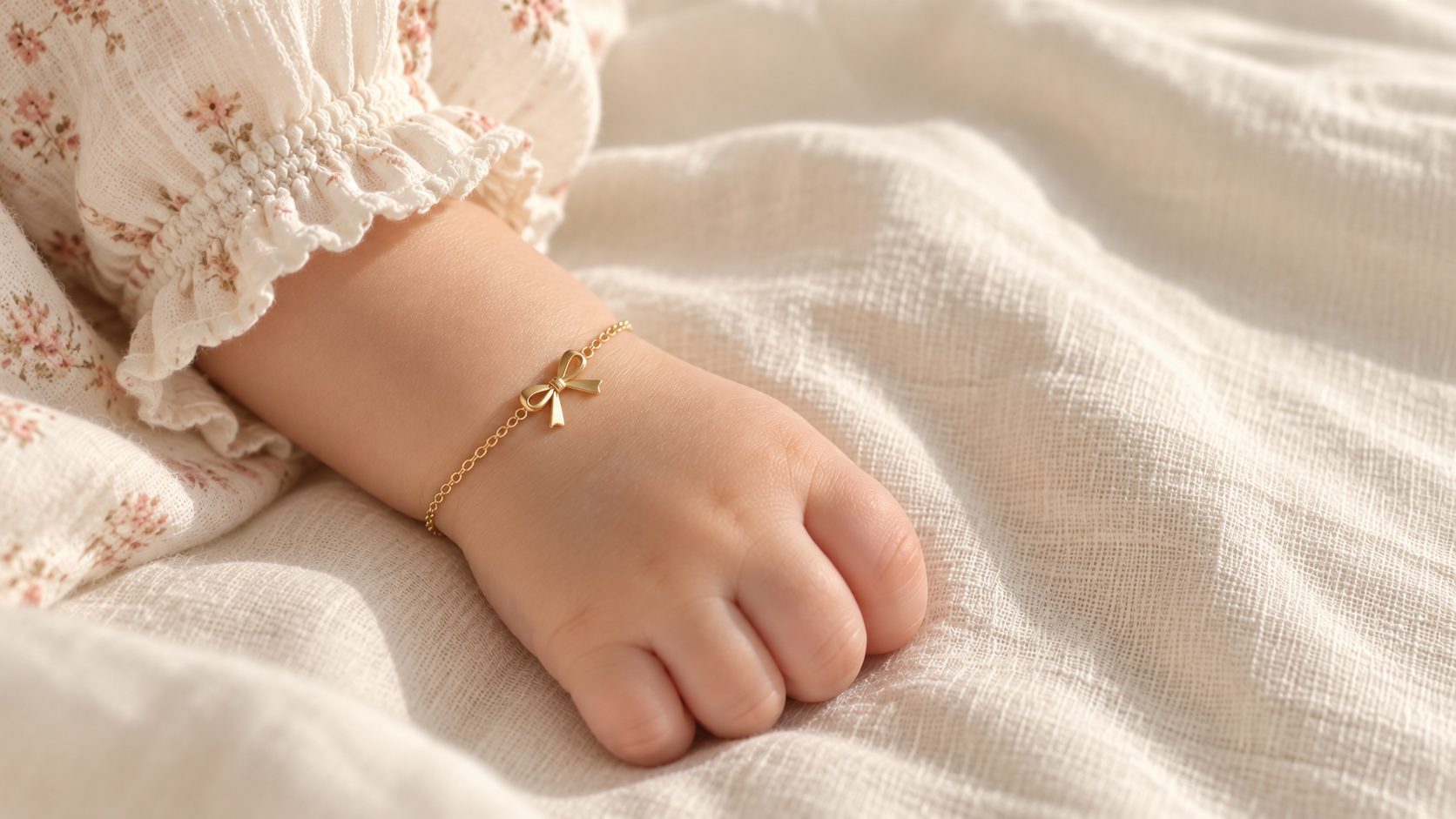 A baby's wrist wearing the gold Bow Bracelet, resting on ivory linen