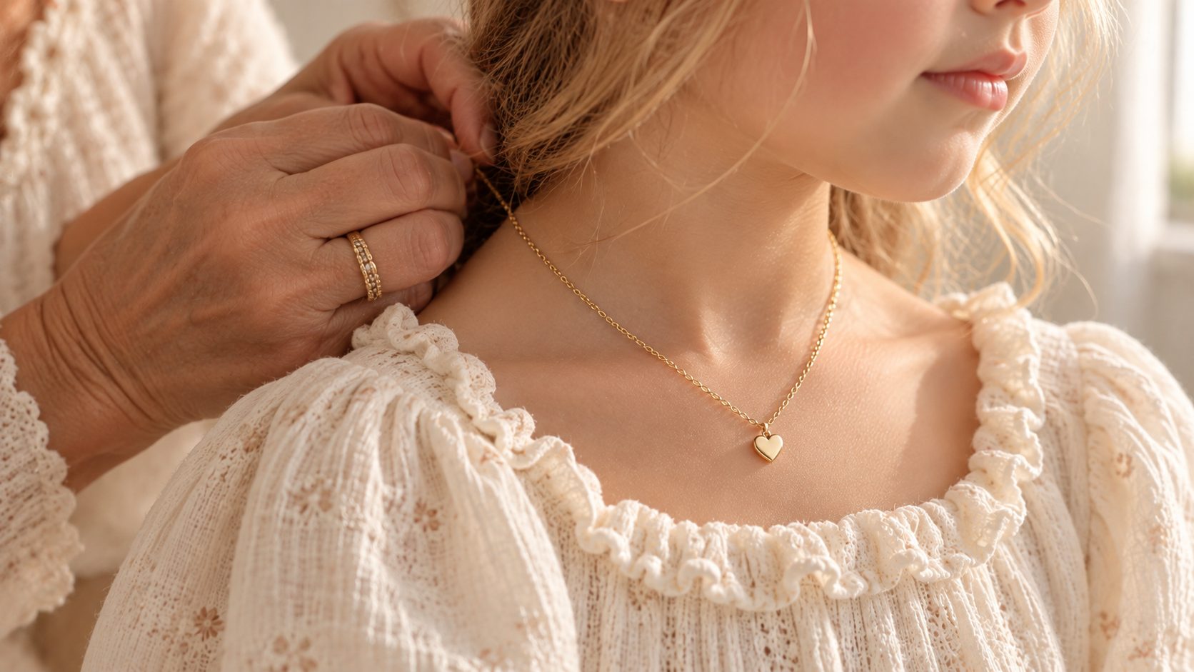 A grandmother fastening the Heart Necklace on a little girl